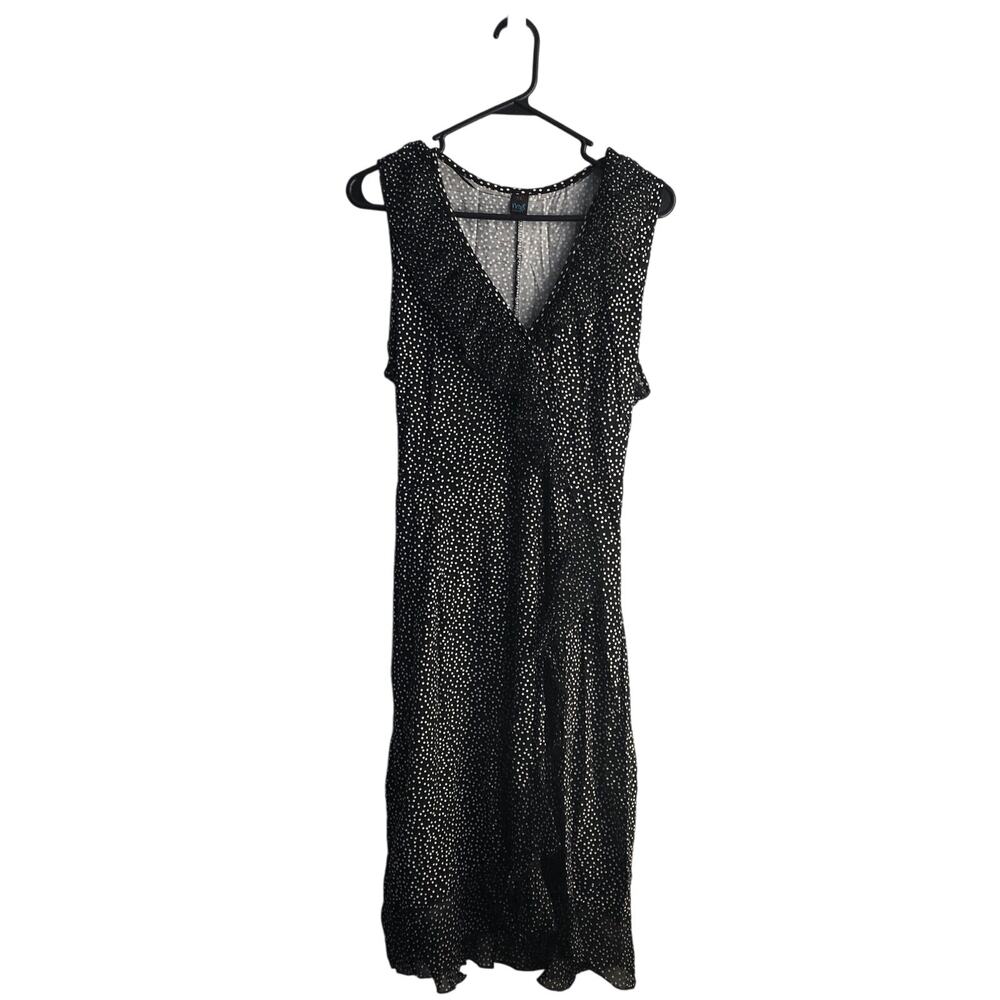 Black and white dot print ruffle trim sleeveless dress